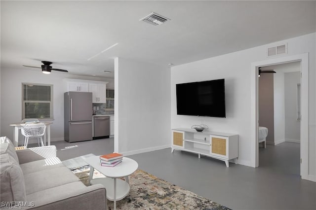 living area featuring baseboards, visible vents, and concrete flooring