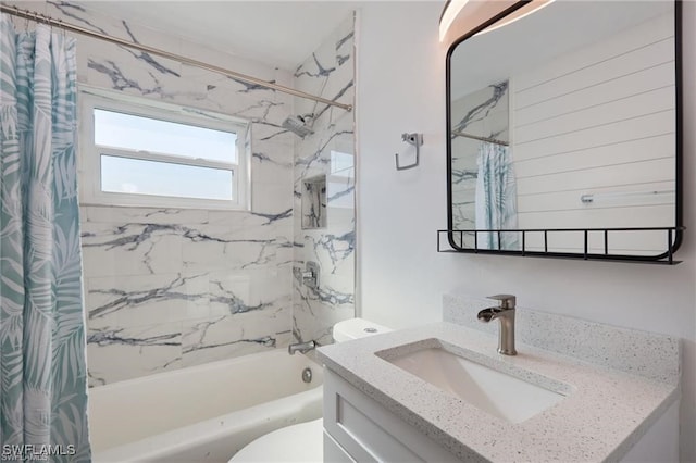 bathroom with shower / tub combo, vanity, and toilet