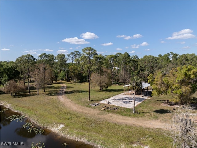 bird's eye view with a water view