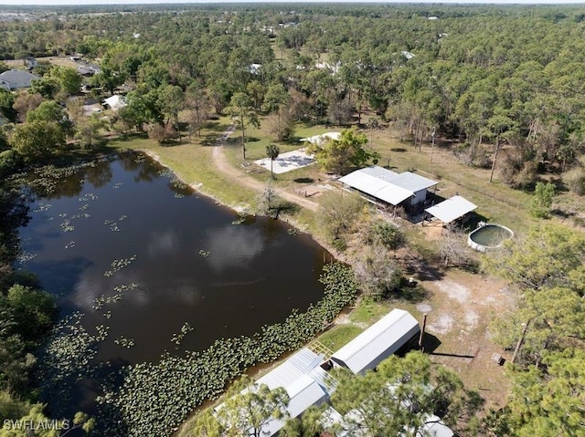 drone / aerial view featuring a forest view and a water view