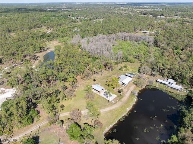 bird's eye view with a water view and a forest view