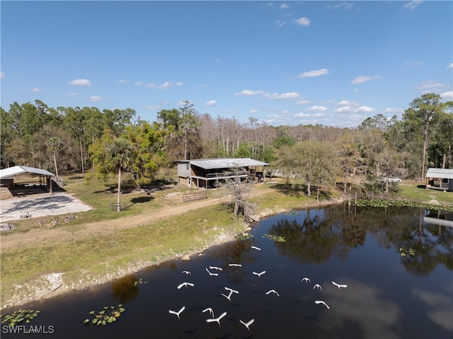 bird's eye view with a water view and a wooded view