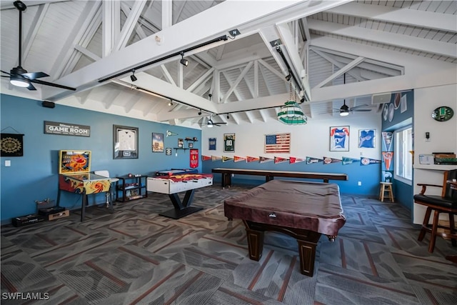 game room featuring carpet floors, pool table, rail lighting, high vaulted ceiling, and beamed ceiling