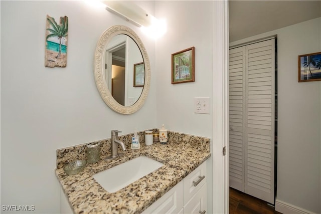 bathroom with a closet, wood finished floors, and vanity