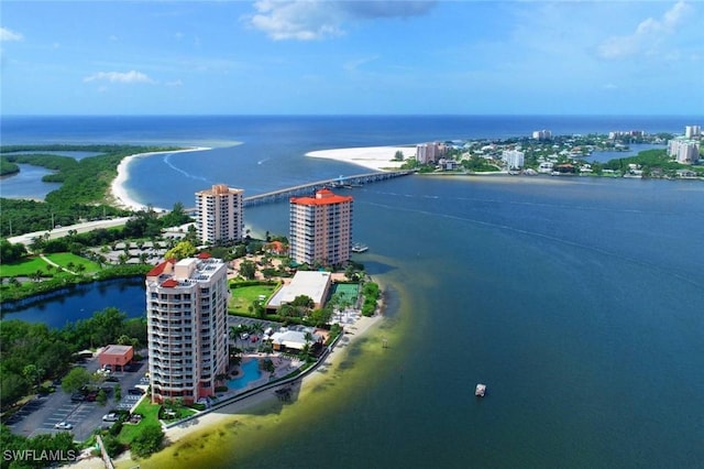 drone / aerial view with a view of city and a water view