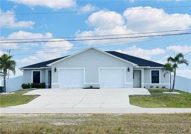 ranch-style house with a front yard, an attached garage, fence, and stucco siding