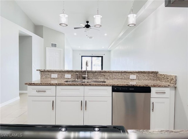 kitchen featuring dishwasher, a sink, visible vents, and white cabinetry