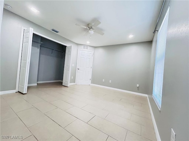 unfurnished bedroom with baseboards, visible vents, and recessed lighting