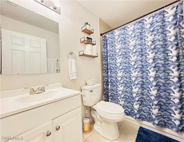 full bath with vanity, tile patterned flooring, toilet, and a shower with curtain