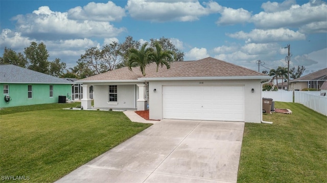 ranch-style house with fence, a front lawn, and stucco siding