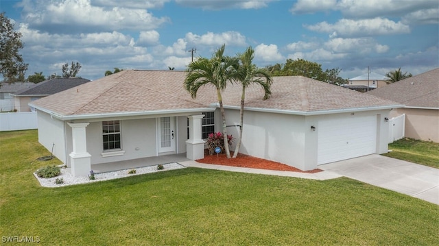 ranch-style house featuring a front lawn, concrete driveway, and stucco siding