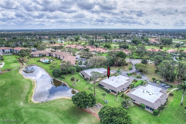 bird's eye view featuring a water view, view of golf course, and a residential view