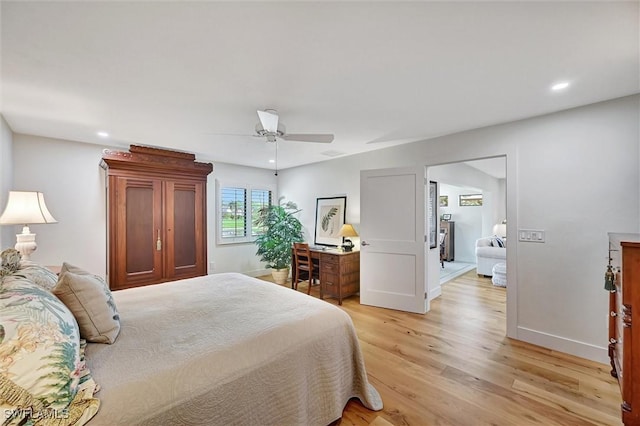 bedroom with light wood-style floors, baseboards, a ceiling fan, and recessed lighting