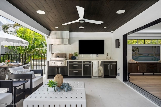 view of patio / terrace with an outdoor kitchen, area for grilling, a sink, a ceiling fan, and fence