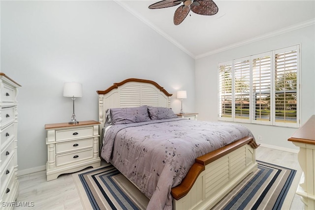 bedroom with ornamental molding, a ceiling fan, vaulted ceiling, light wood-type flooring, and baseboards