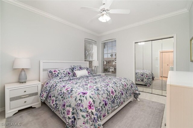 bedroom featuring ceiling fan and ornamental molding