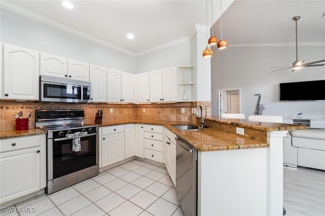 kitchen with stainless steel appliances, a peninsula, a sink, open floor plan, and dark stone countertops