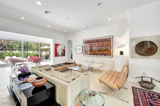 living area with light tile patterned floors, visible vents, crown molding, and recessed lighting