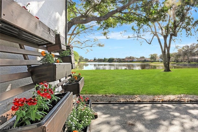 view of grassy yard featuring a water view