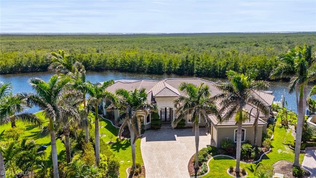 birds eye view of property featuring a water view