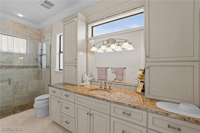 bathroom featuring visible vents, a shower stall, crown molding, toilet, and vanity