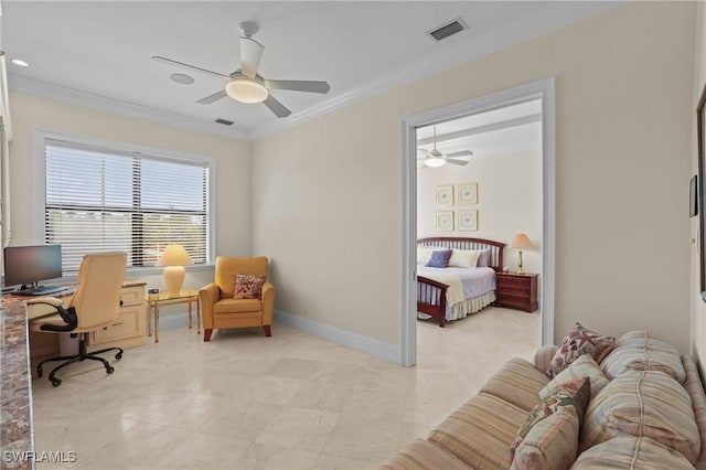 office area featuring a ceiling fan, baseboards, visible vents, and ornamental molding