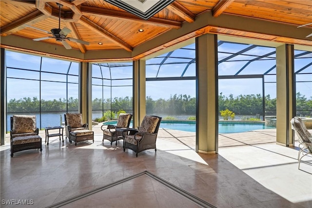 sunroom / solarium featuring a pool, plenty of natural light, and wooden ceiling