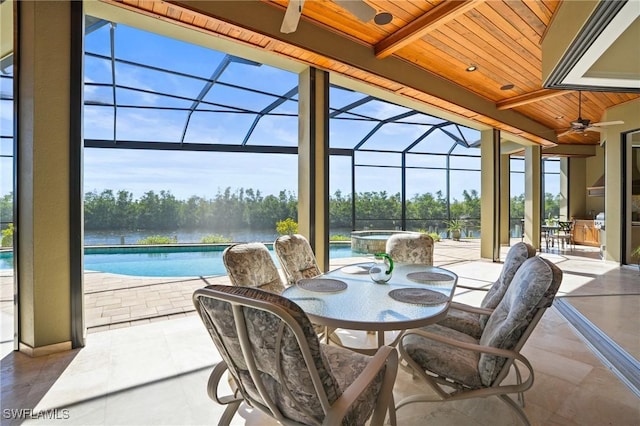 sunroom featuring wooden ceiling, beamed ceiling, a swimming pool, and ceiling fan