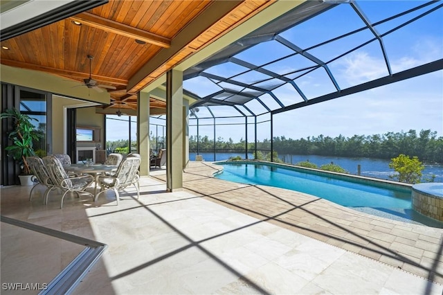 pool featuring outdoor dining area, a patio, a lanai, and a ceiling fan