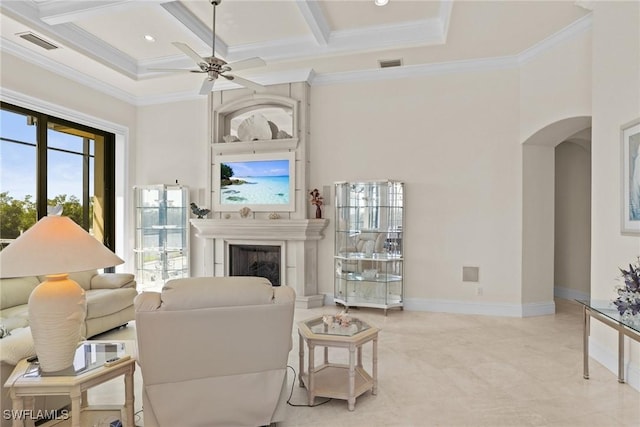 living room featuring visible vents, a large fireplace, coffered ceiling, and crown molding