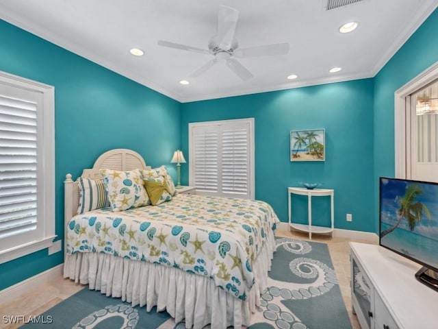 bedroom featuring baseboards, recessed lighting, and crown molding