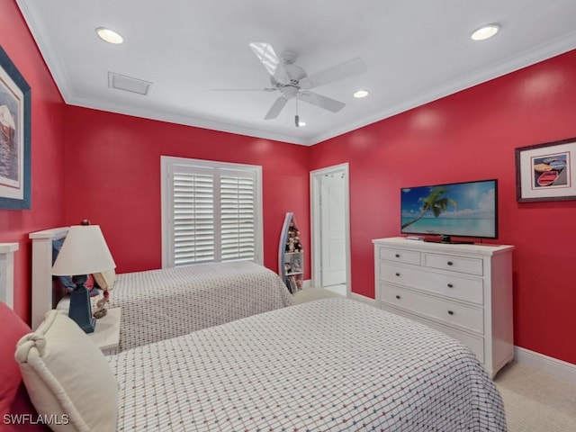 bedroom with baseboards, light colored carpet, crown molding, and recessed lighting