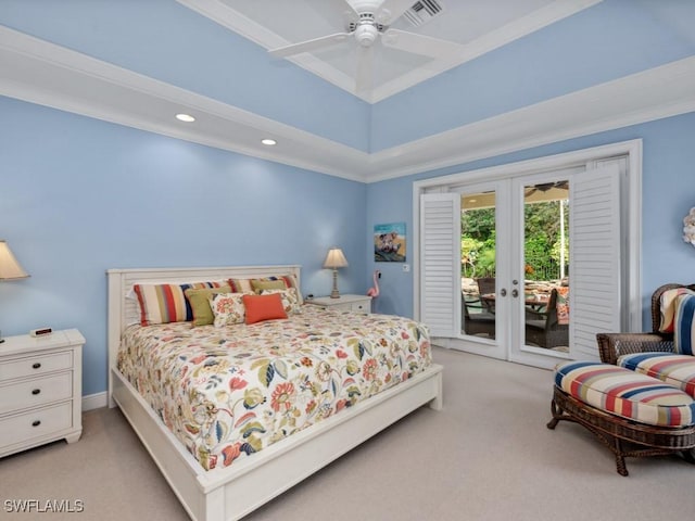 bedroom featuring french doors, ornamental molding, light carpet, ceiling fan, and access to outside