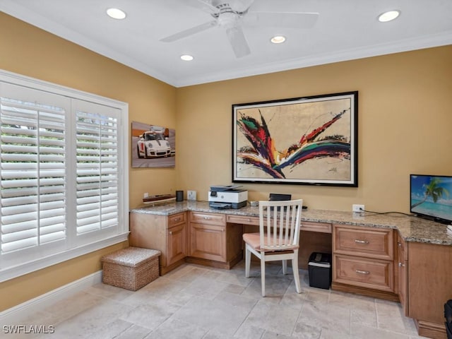 home office with ceiling fan, ornamental molding, baseboards, and recessed lighting