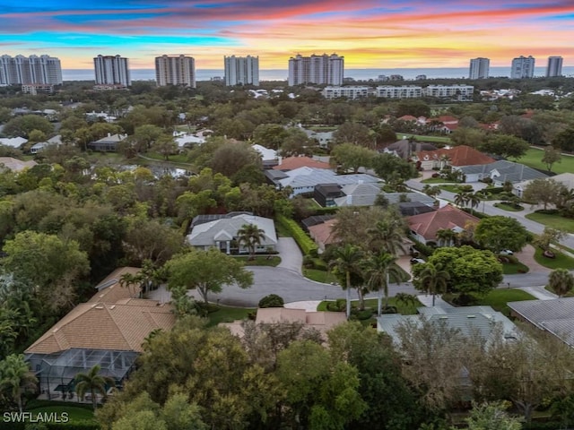 aerial view at dusk featuring a city view