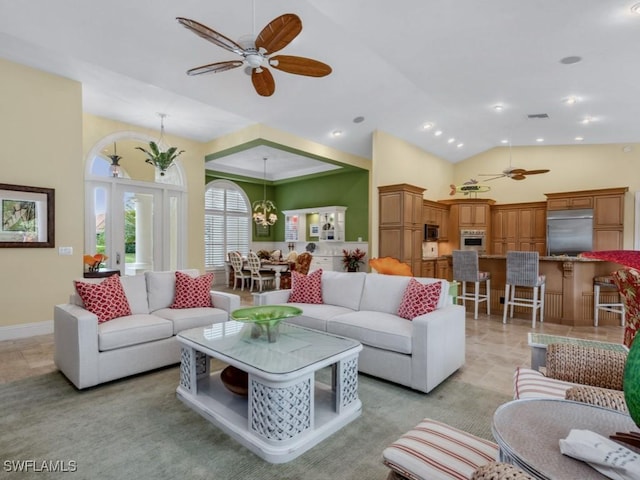 762 Lynnmore Ln E, Naples, FL 34108 - living room with visible vents, baseboards, ceiling fan, high vaulted ceiling, and recessed lighting