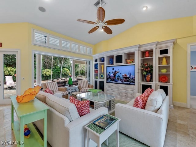 762 Lynnmore Ln E, Naples, FL 34108 - living area featuring stone finish floor, ceiling fan, visible vents, lofted ceiling, and recessed lighting