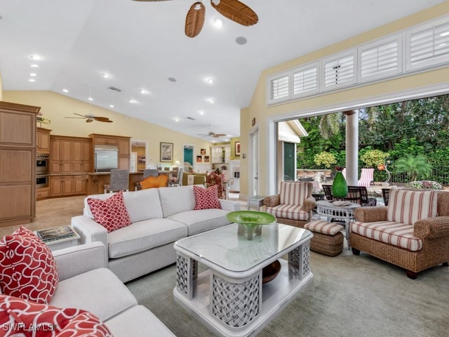 762 Lynnmore Ln E, Naples, FL 34108 - living room with recessed lighting, ceiling fan, and high vaulted ceiling