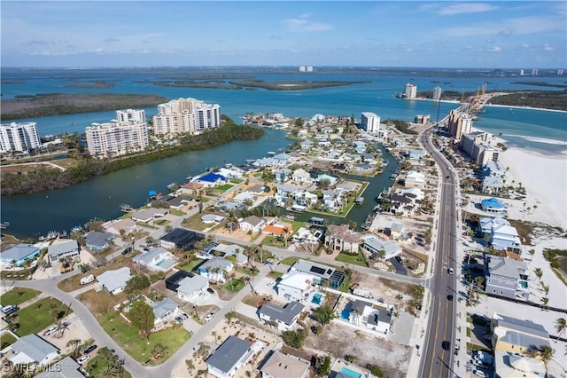 drone / aerial view featuring a water view