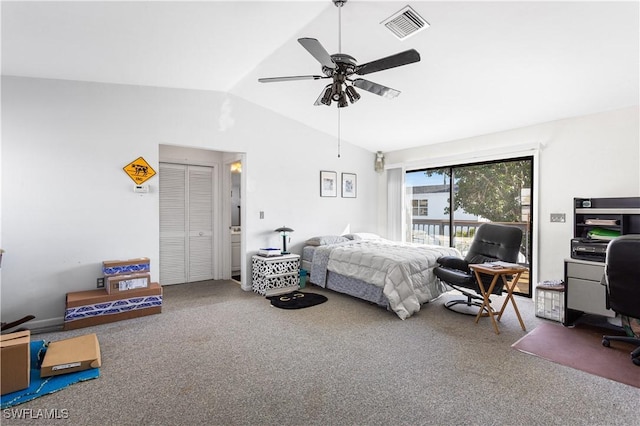 carpeted bedroom with lofted ceiling, ceiling fan, visible vents, and access to exterior