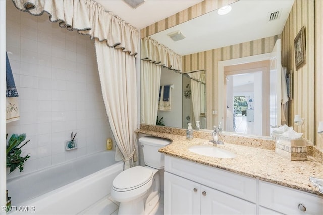 bathroom with wallpapered walls, visible vents, toilet, shower / bath combination with curtain, and vanity