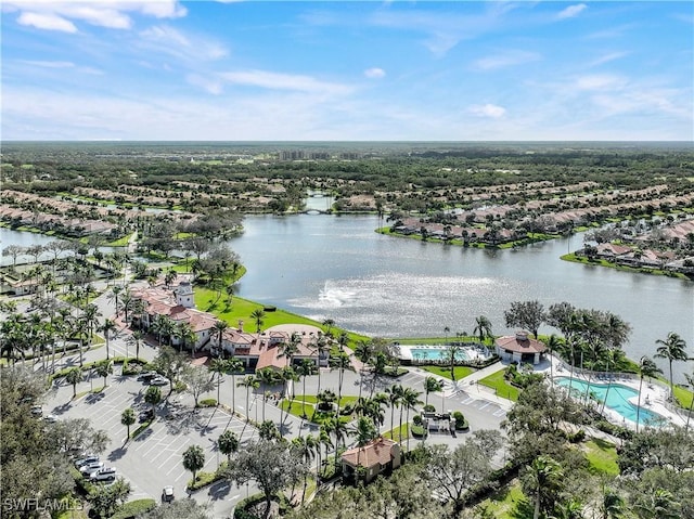 birds eye view of property featuring a water view