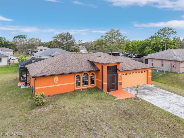 ranch-style house featuring a front lawn, an attached garage, a lanai, and stucco siding