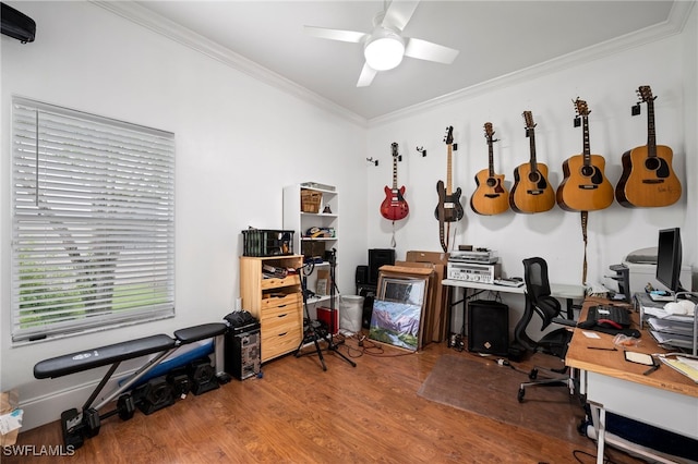office area with ceiling fan, ornamental molding, and wood finished floors