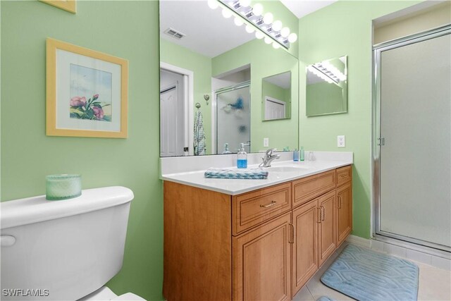 bathroom with toilet, vanity, a shower stall, and visible vents