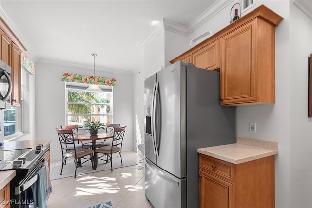 kitchen featuring brown cabinetry, light countertops, ornamental molding, and stainless steel refrigerator with ice dispenser