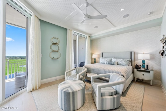 bedroom with access to exterior, light wood-type flooring, beam ceiling, wooden ceiling, and baseboards