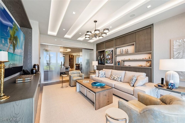 living area featuring recessed lighting, beamed ceiling, light wood-type flooring, and a notable chandelier