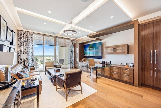living room featuring recessed lighting, beamed ceiling, light wood-type flooring, and coffered ceiling