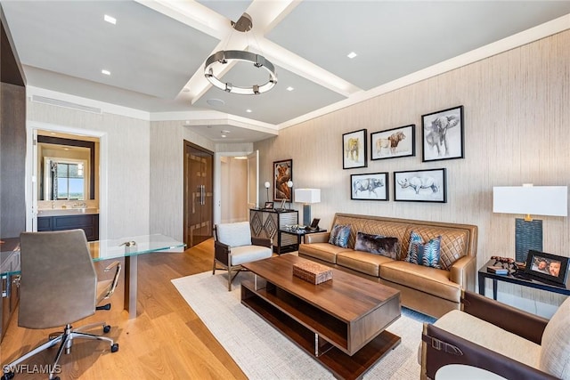 living area featuring beamed ceiling, coffered ceiling, and light wood-style floors